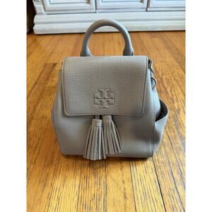 Tory Burch Thea Mini Backpack Womens Gray Pebbled Leather Tassel Drawstring